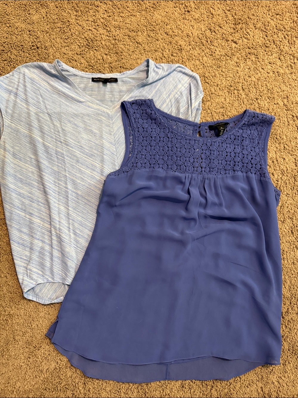 White House Black Market Purple Crochet Yoke Sleeveless Top and Blue Tee